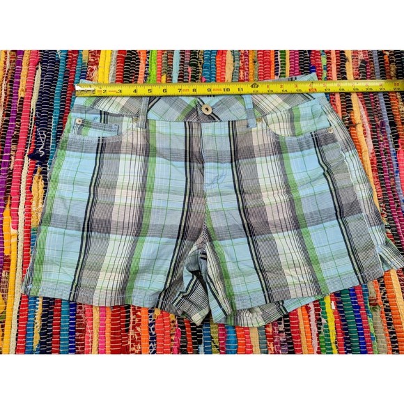 FADED GLORY Women 10 Blue Green Plaid Mid Rise Stretch Chino Shorts Flap Pockets - Picture 6 of 9